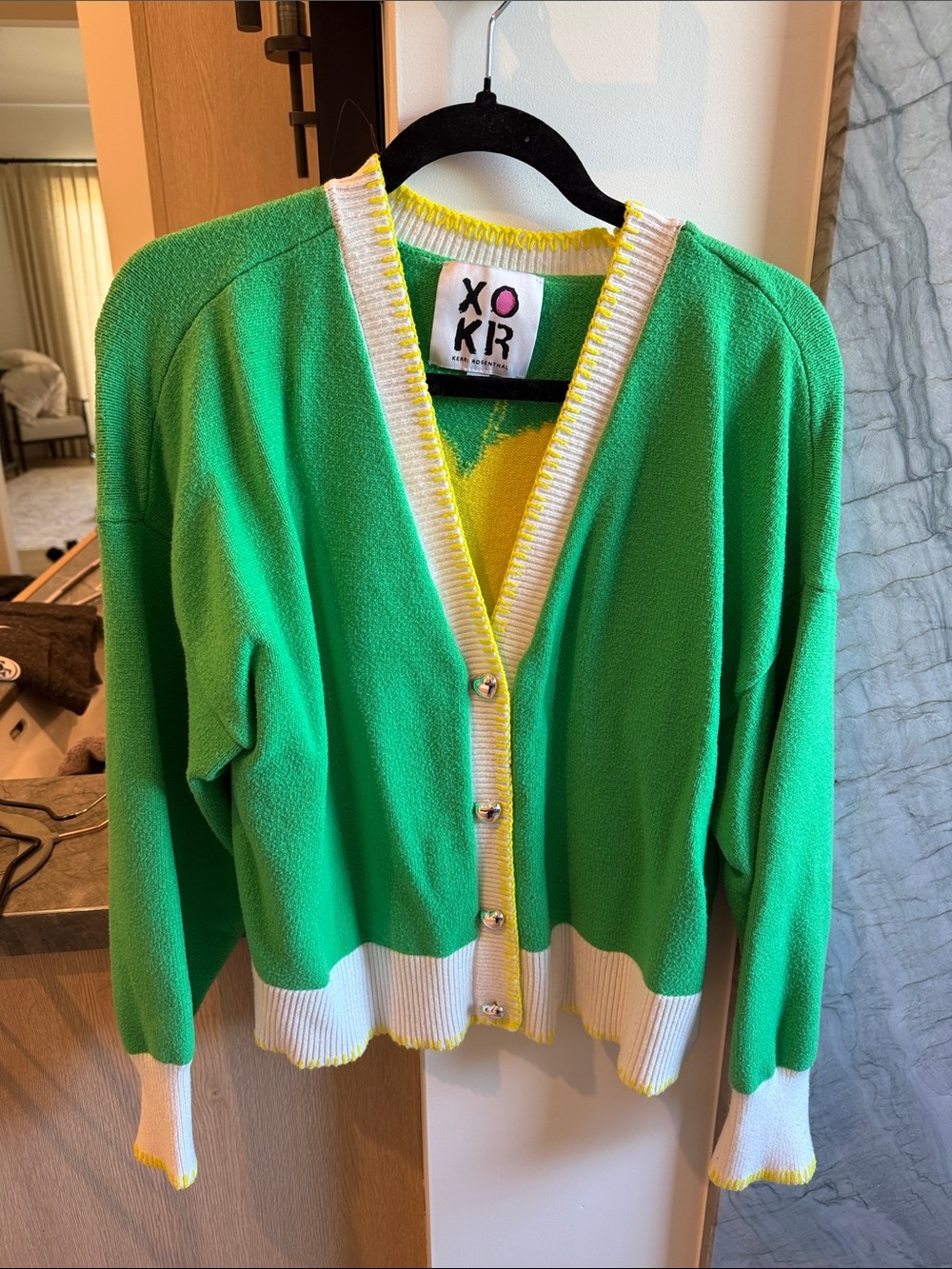 XOKR Green V-Neck Button Cardigan with White Trim